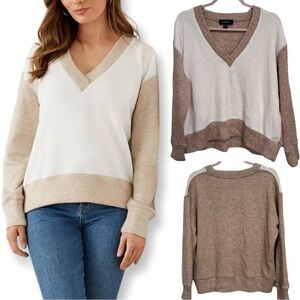 KAREN KANE V NECK SWEATER COLORBLOCK NEUTRALS LONG SLEEVE WARM COZY BUTTERY SOFT